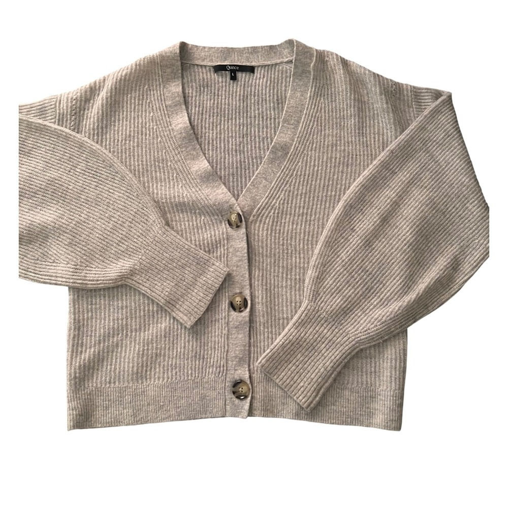 Quince Merino Wool Baby Alpaca Ribbed Cropped Cardigan Gray L